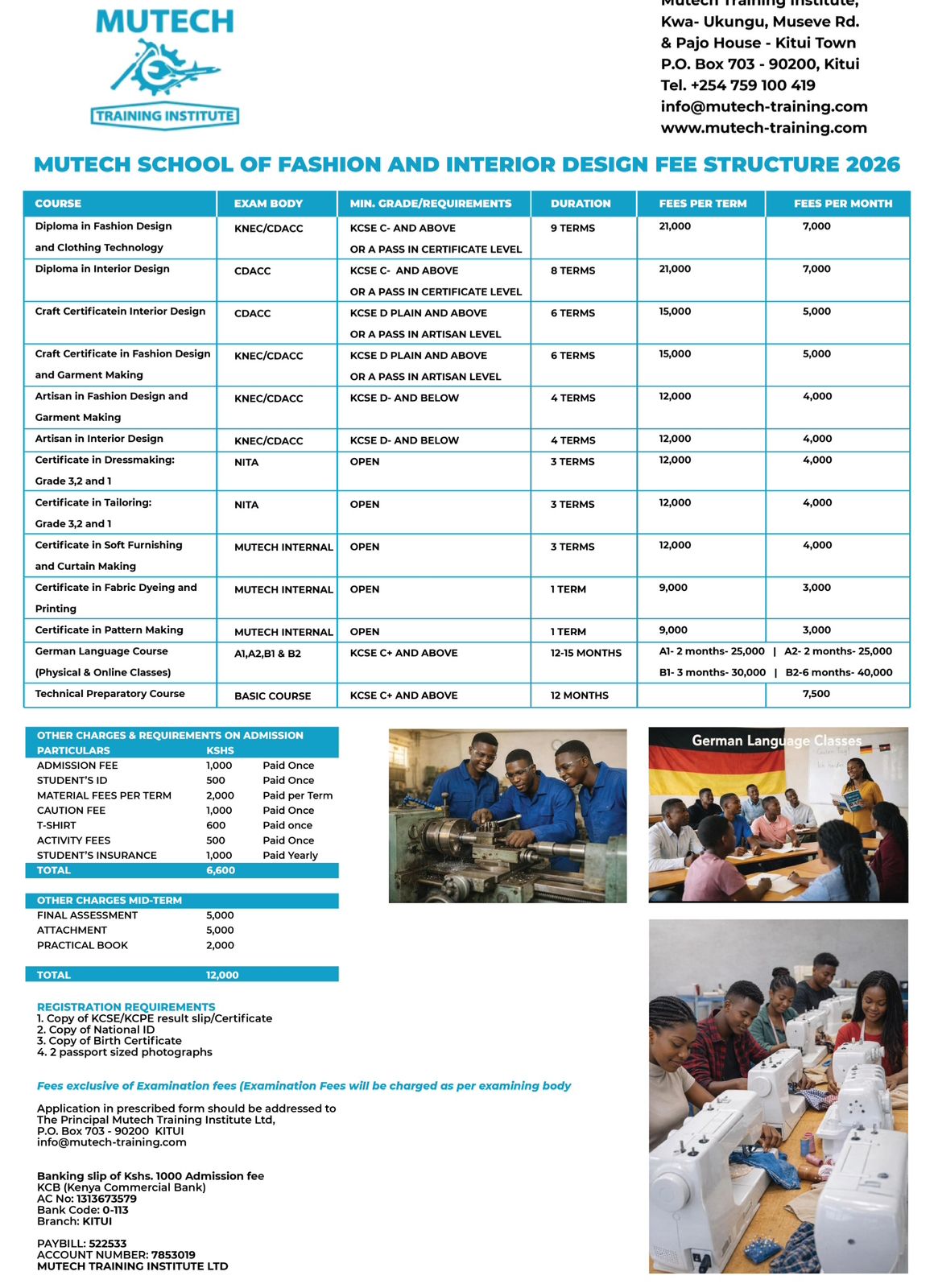 MUTECH SCHOOL OF FASHION AND INTERIOR DESIGN FEE STRUCTURE 2026